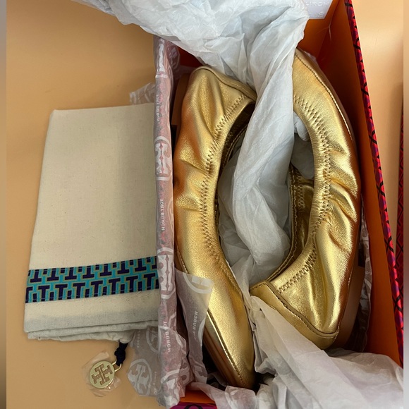 Tory Burch Eddie Gold Nappa Ballet Leather Flats Size 8 - Picture 2 of 16